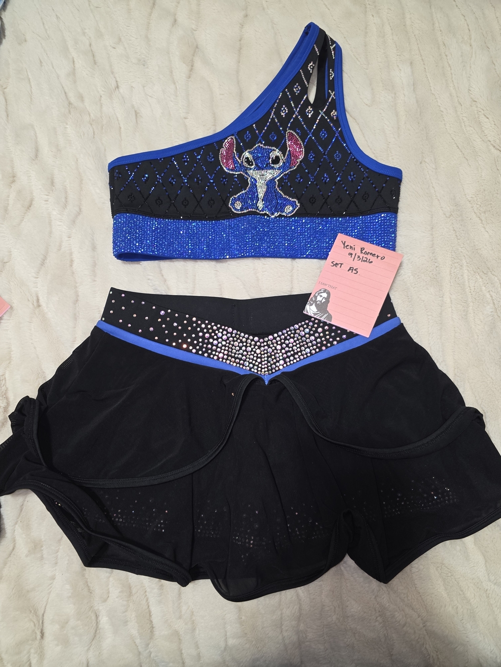 Luxe Cheer Adult SMALL One-Shoulder cheer Set with Blue Stitch Accent